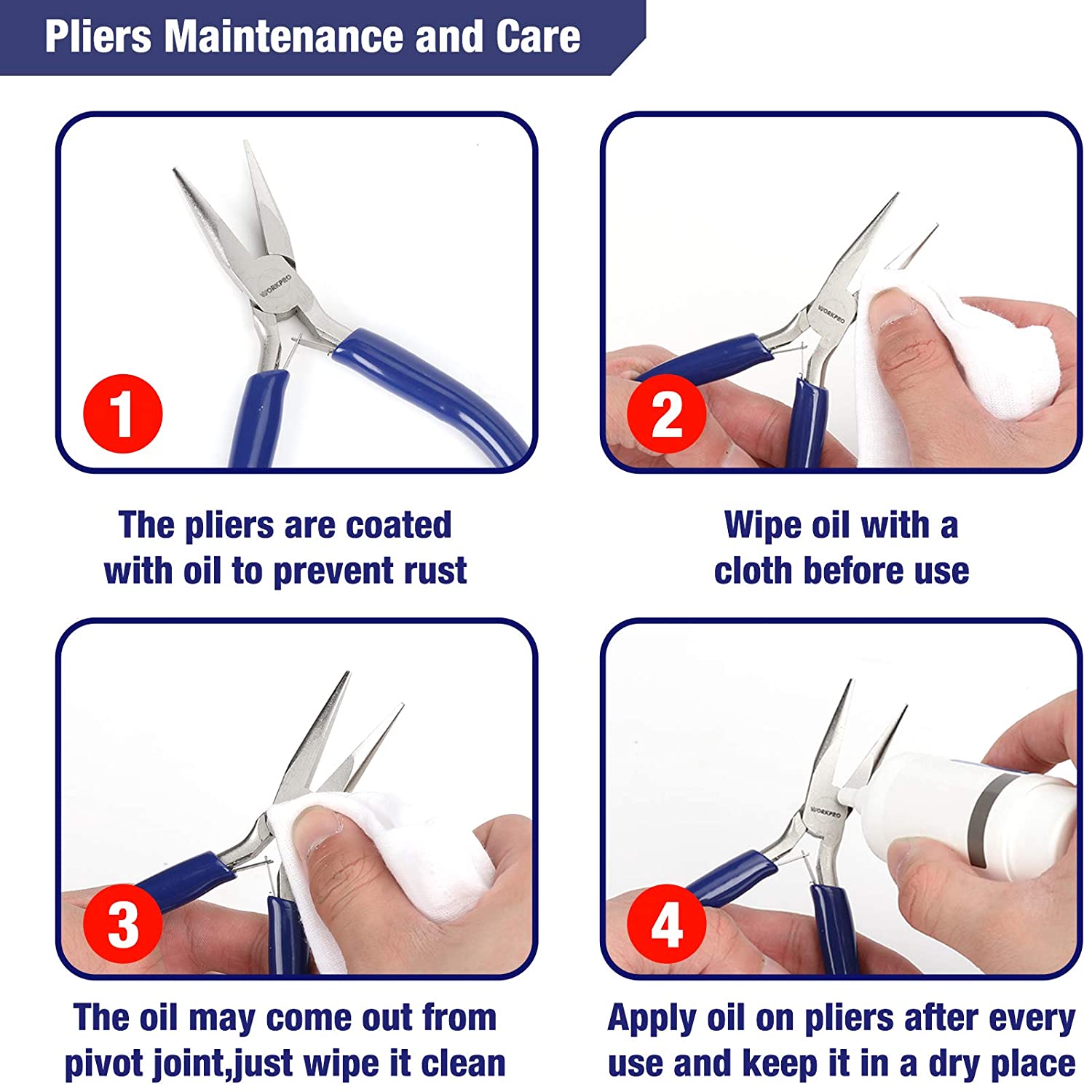 Jewelry pliers with blue handles shown being wiped with a cloth for maintenance
