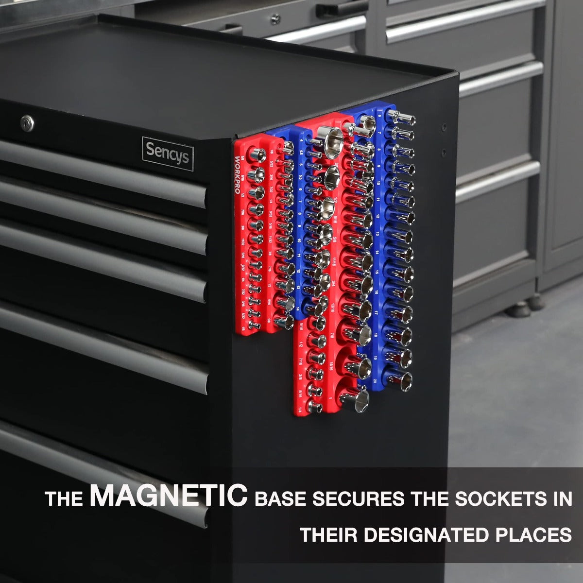 Magnetic socket organizer set with black base and red/blue socket trays