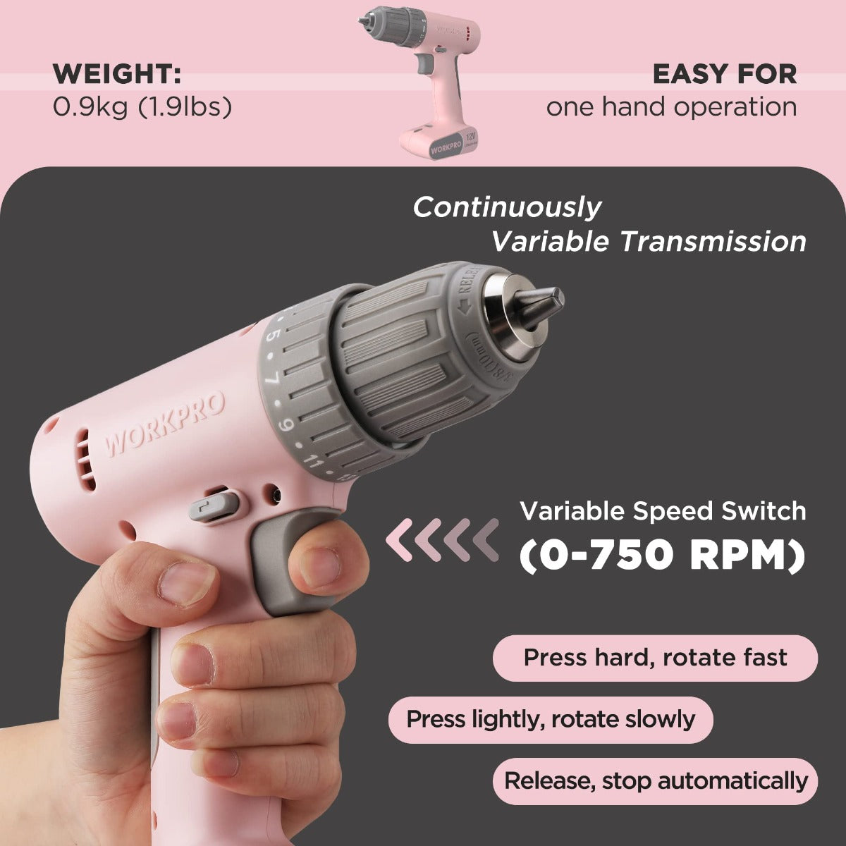 Cordless Drill Work Pro WORKPRO Pink Cordless 20V Lithium-ion