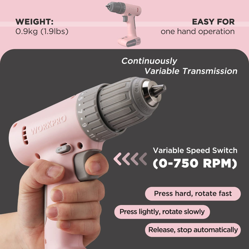 WORKPRO 12V Cordless Drill Driver Set with 6 Pcs Bits, 3/8-Inch Keyless Chuck, Variable Speed, 18 Touque Setting - Pink Ribbon