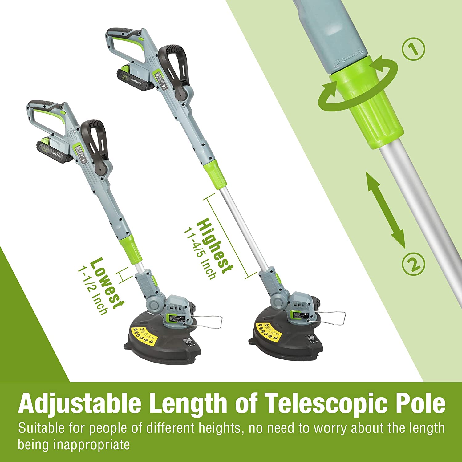 Cordless string trimmer/edger with telescopic pole and adjustable length head