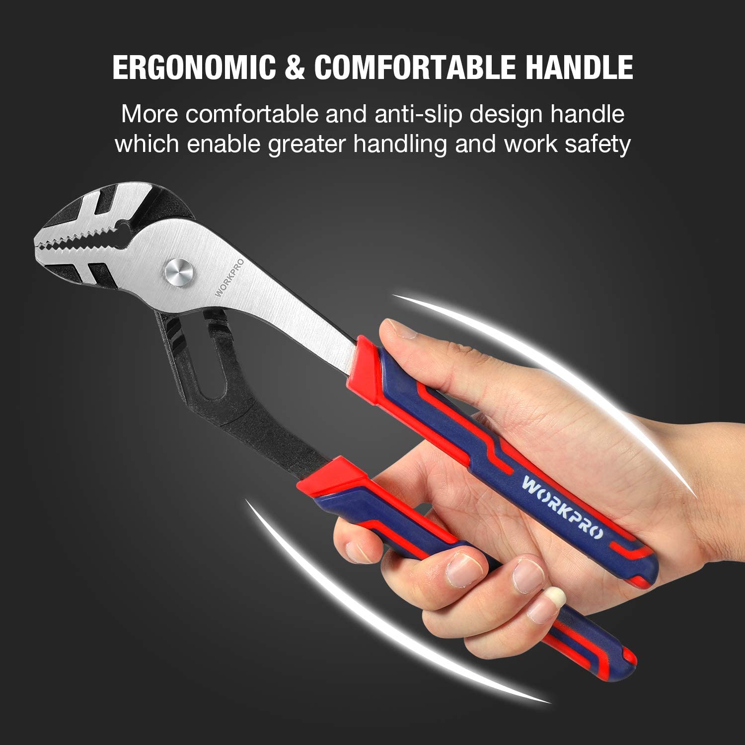 WORKPRO ergonomic groove joint pliers with red-blue anti-slip handle and silver jaws