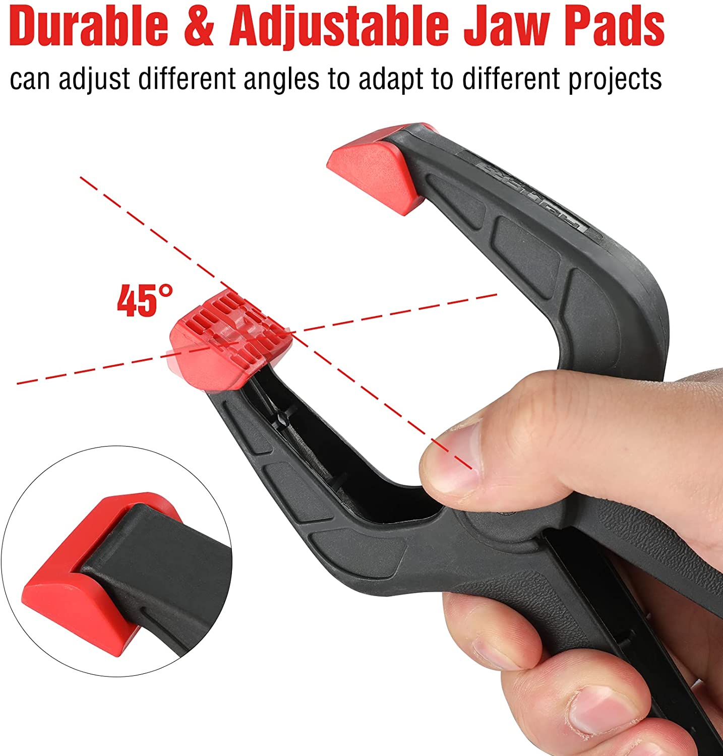 Black spring clamp with red adjustable jaw pads, hand gripping handle
