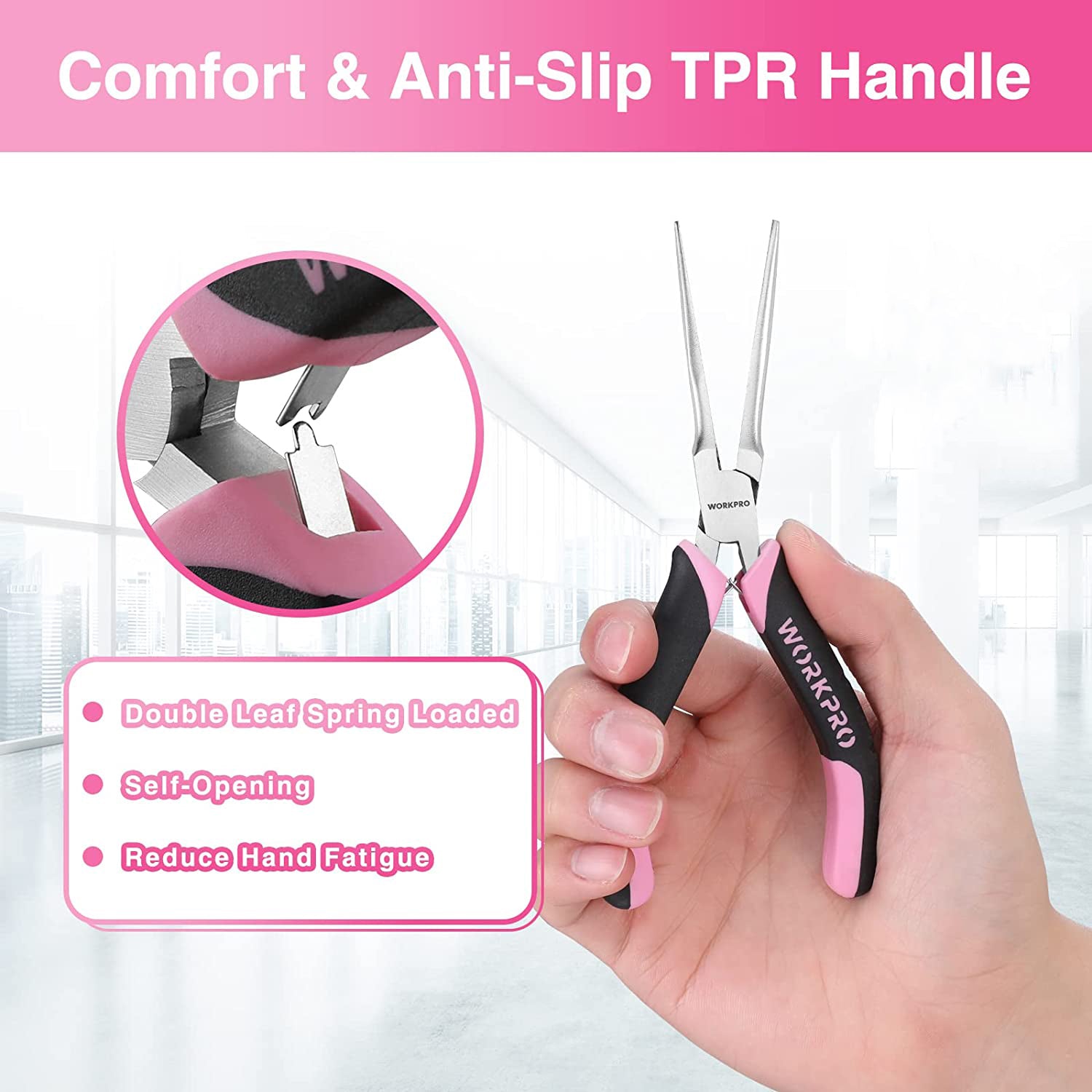 Mini pliers with pink TPR anti-slip handle in a hand, black jaws