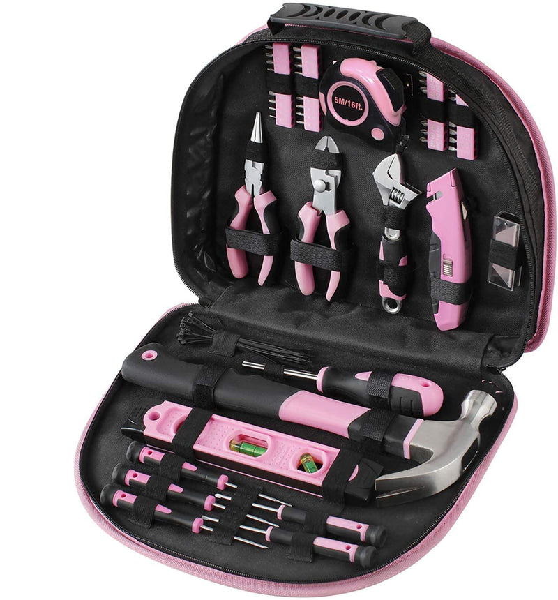 WORKPRO 103 Pcs Pink Tool Kit with Easy Carrying Round Pouch Perfect for DIY Home Maintenance - Pink Ribbon