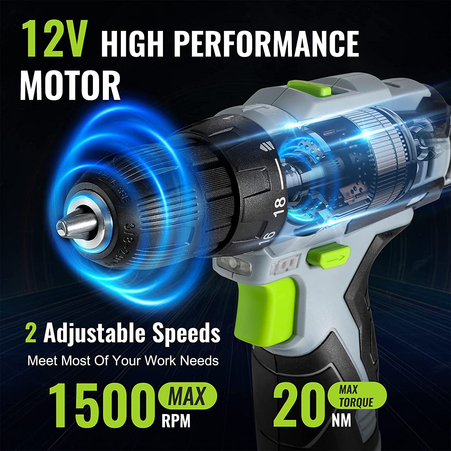 12V cordless drill with green handle accents, keyless chuck, and visible torque dial detail