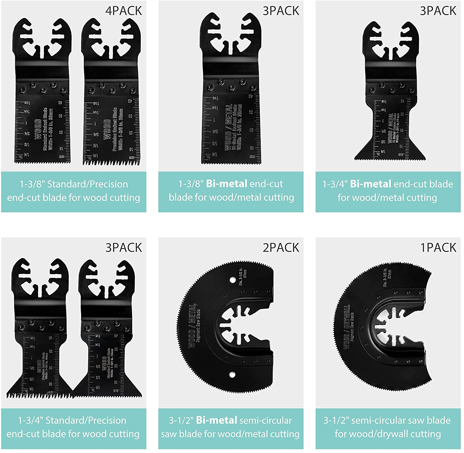 Oscillating saw blade set with multiple black blades for cutting wood, metal, and precision