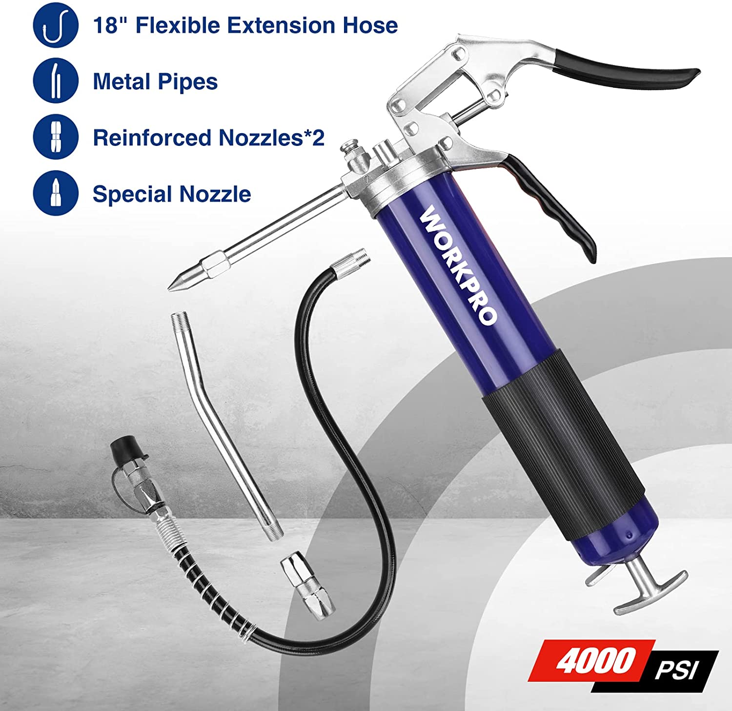 WORKPRO grease gun set with reinforced nozzles, metal pipes, blue barrel and black hose