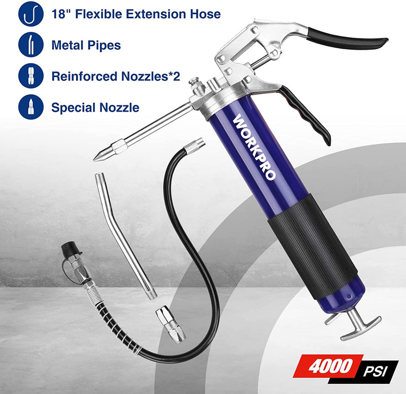 WORKPRO Pistol Grip Grease Gun Set, with 18inch Flexible Hose, 2 Fixed Tubes, 3 Nozzles Included, 14oz Load, 4000 PSI
