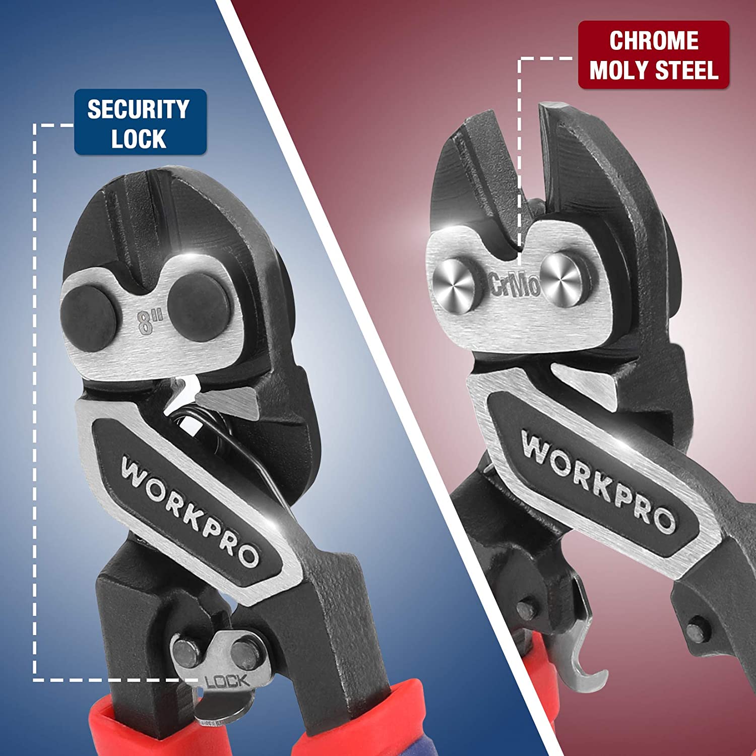 Mini bolt cutter with security lock, black jaws and red-blue handle grips