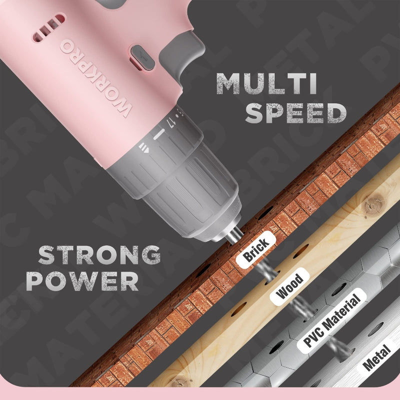 WORKPRO Pink 12V Cordless Drill Driver Set - 3/8 Keyless Chuck With Storage Bag & Accessories