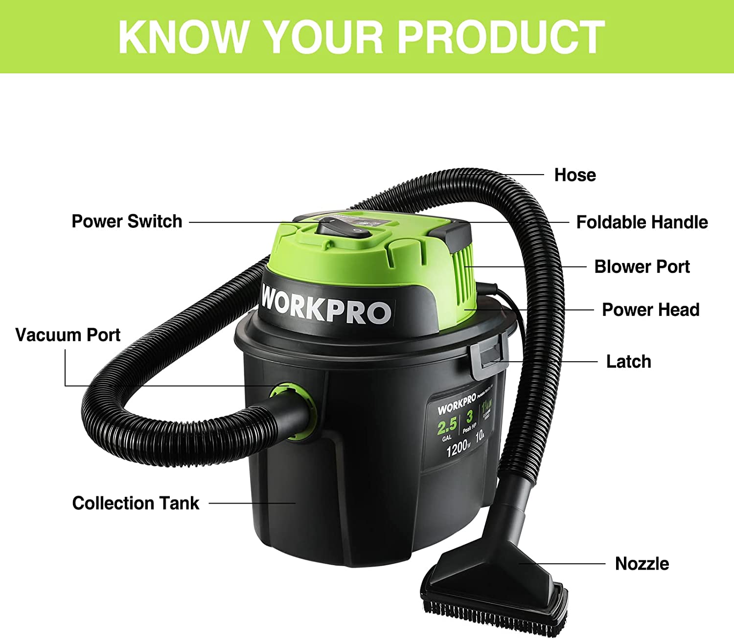 Wet/dry vacuum with foldable handle, connected hose, and front nozzle on black tank.