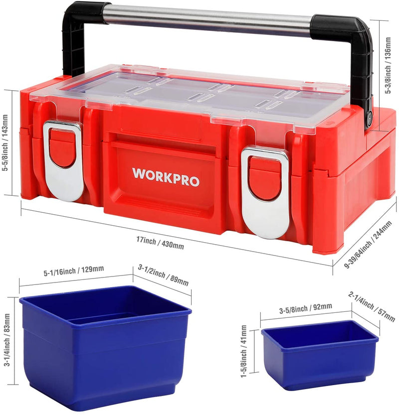 WORKPRO 17-inch Plastic Tool Box, Red Storage Box with Locking Lid and Stainless Steel Handle