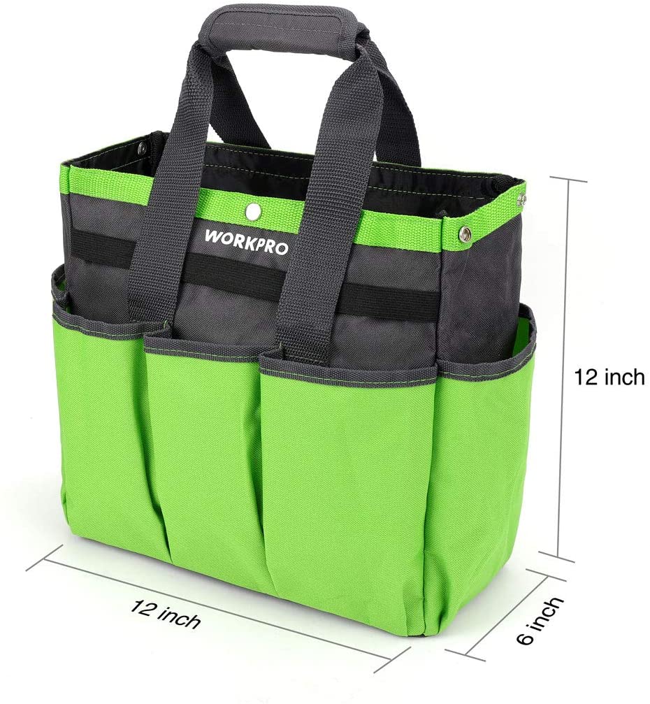 Green garden tool organizer tote bag with wide open top and stitched front pockets