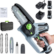 Cordless mini chainsaw with light gray body, black bar, and green control handle