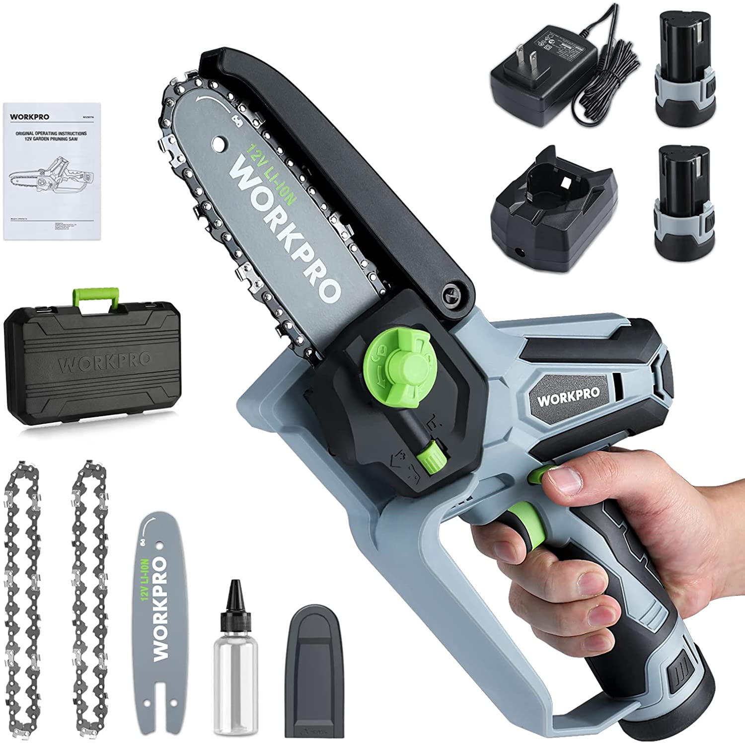 Cordless mini chainsaw with light gray body, black bar, and green control handle