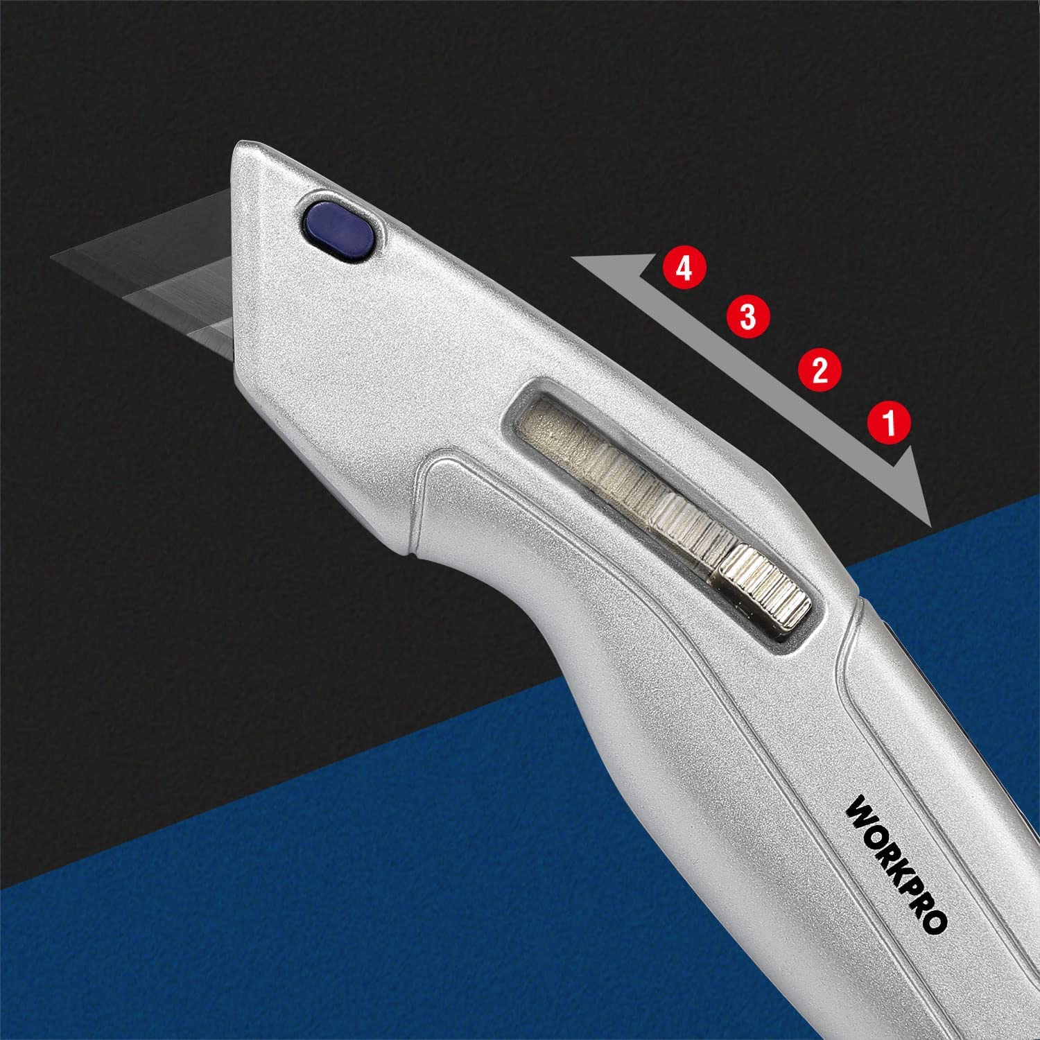 Retractable utility knife with silver body and blue insert, blade cartridge and slot visible