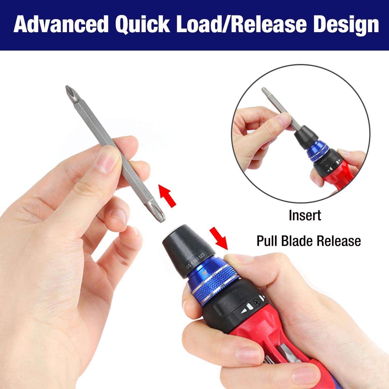 Ratcheting screwdriver with red handle, black grip, blue ring, quick-load bit blade
