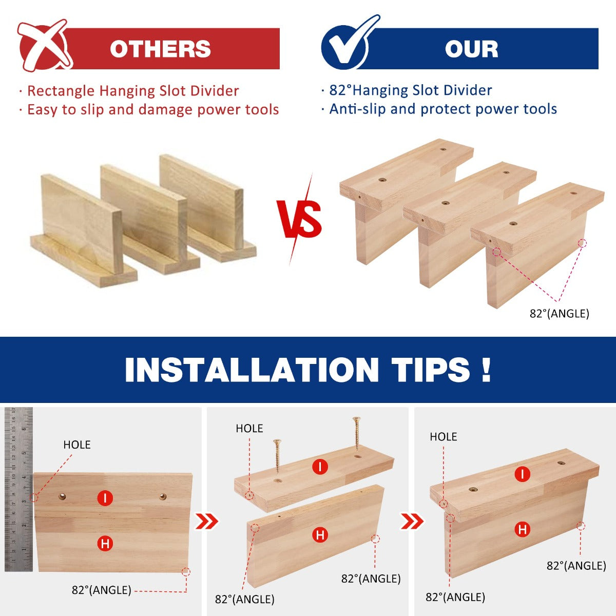 Wooden drill holder slot divider parts for power tool storage wall mounting