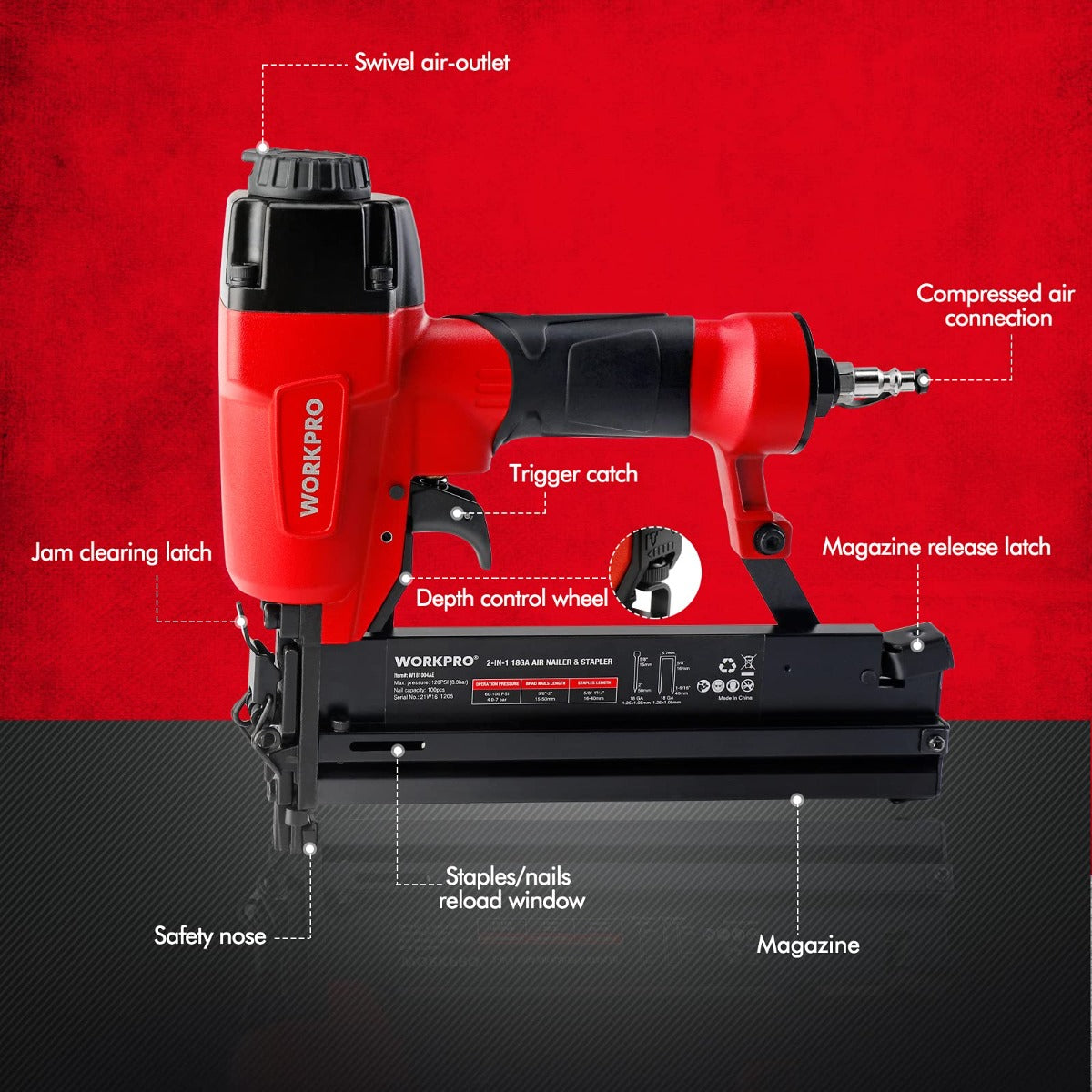 Red and black pneumatic brad nailer and stapler with air connection and trigger