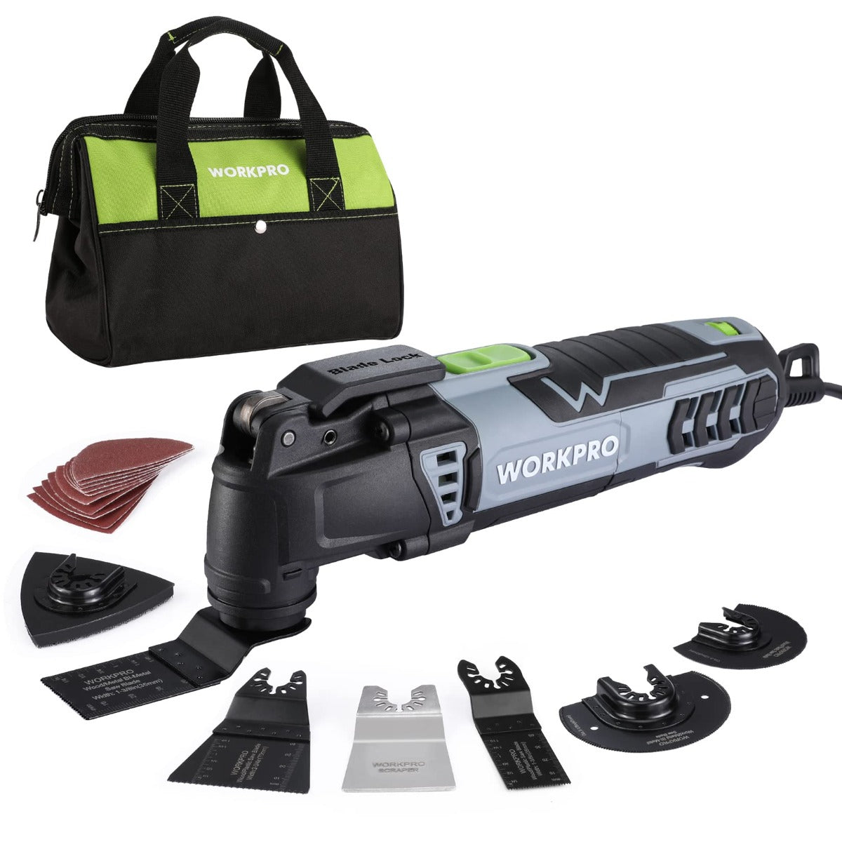 Corded oscillating multi-tool kit with carrying bag and multiple saw blade attachments