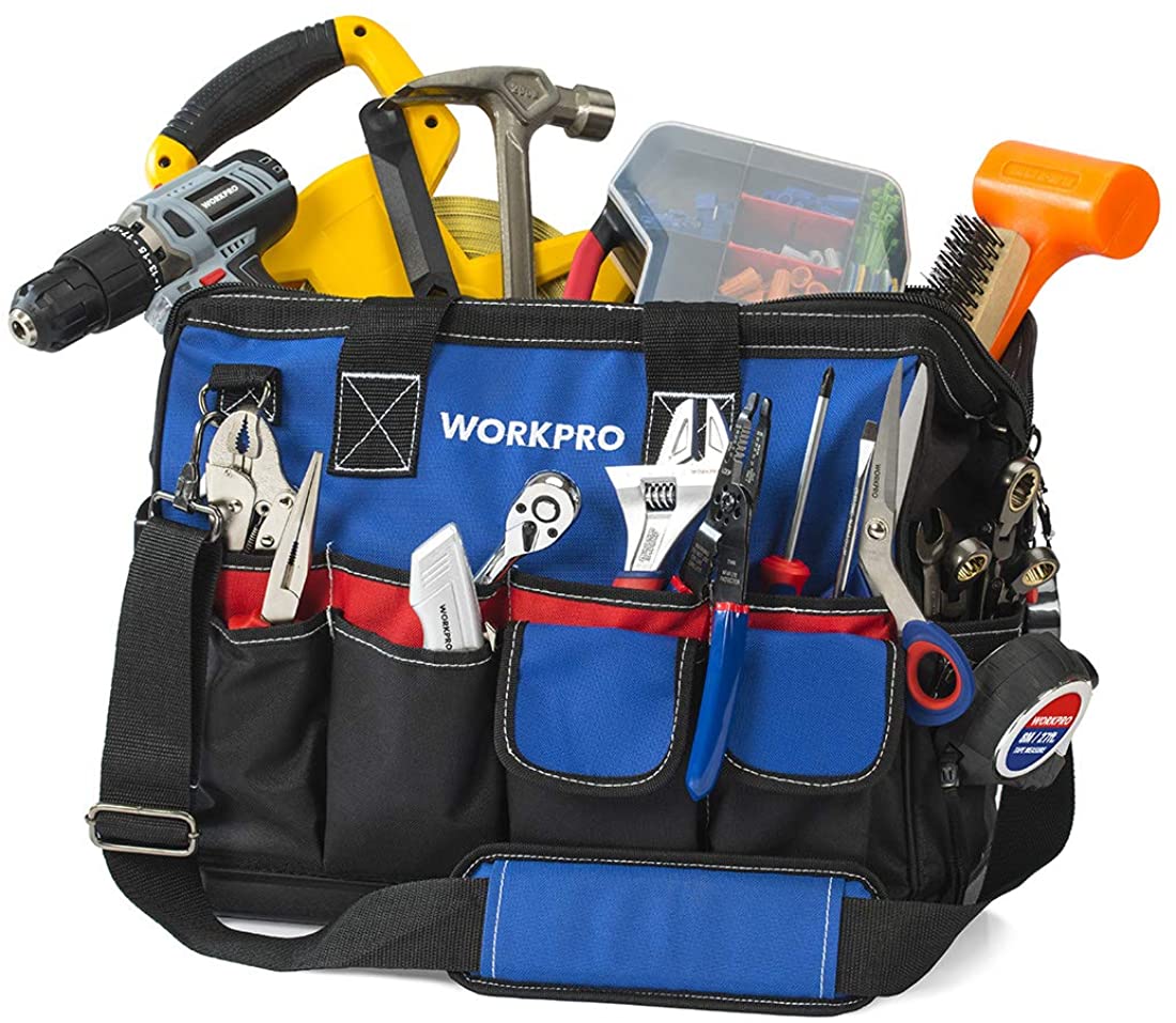 Blue and black tool bag with front organizer pockets holding assorted hand tools
