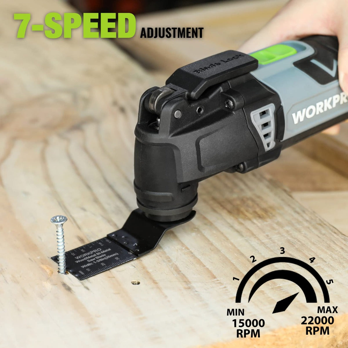 Corded oscillating multi-tool on wood with speed dial showing 7-speed adjustment