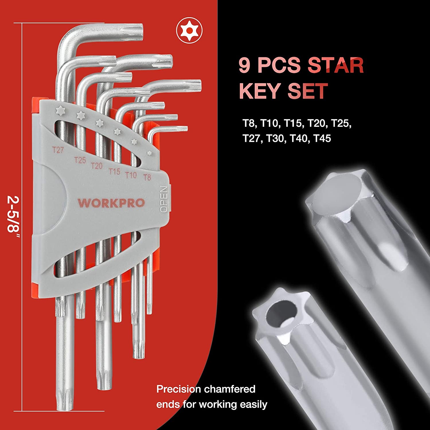 Nine-piece star key set with long star wrenches; silver keys in holder
