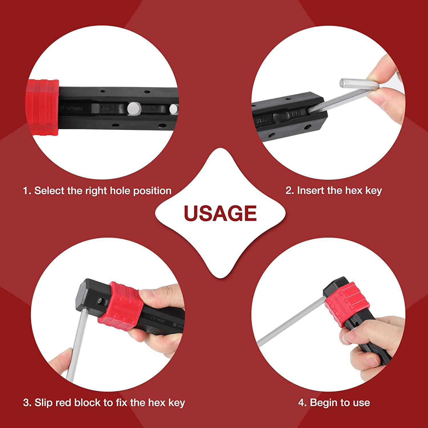 Hex key inserted into black block tool; hand holding long silver wrench