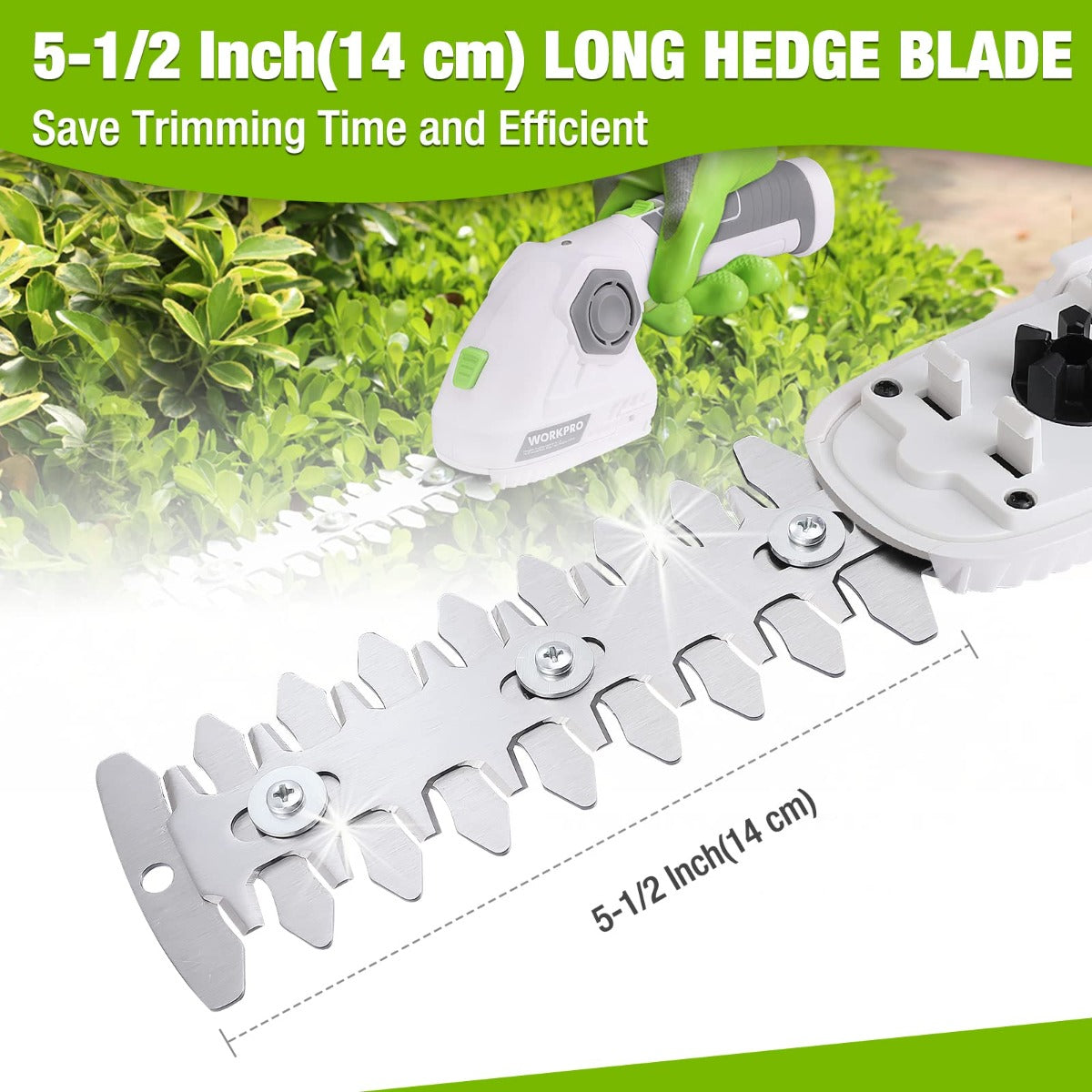 Cordless hedge trimmer attachment with long silver blade and white-green housing