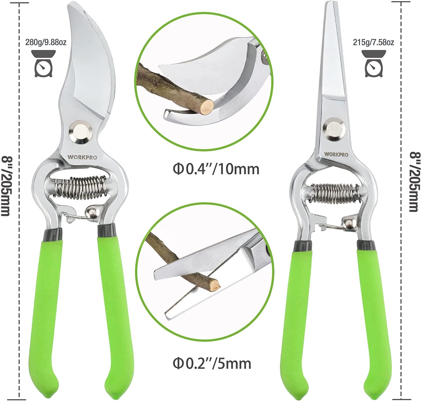 Two pruning clippers with green handles, silver blades, and coil spring mechanism
