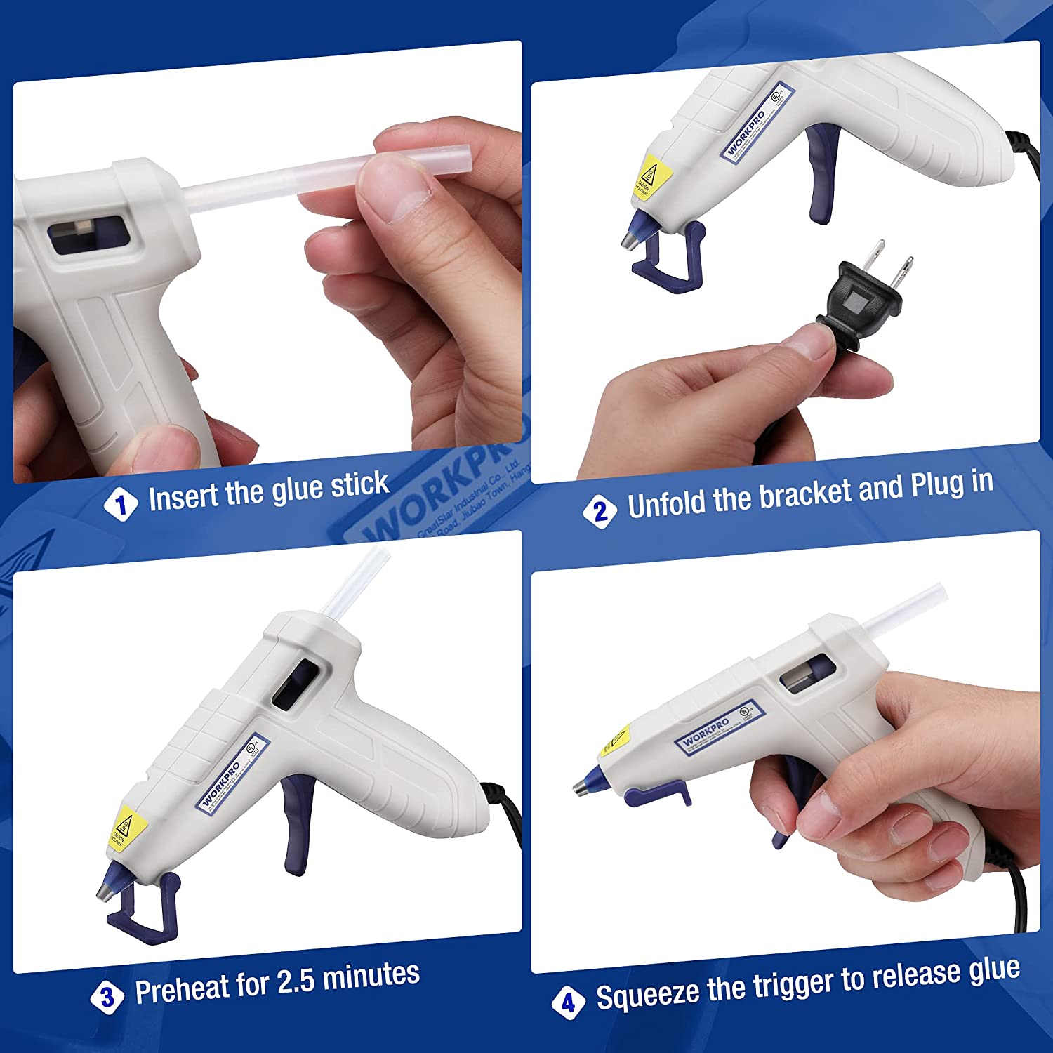 Mini hot glue gun kit showing preheat and trigger operation steps, white and blue