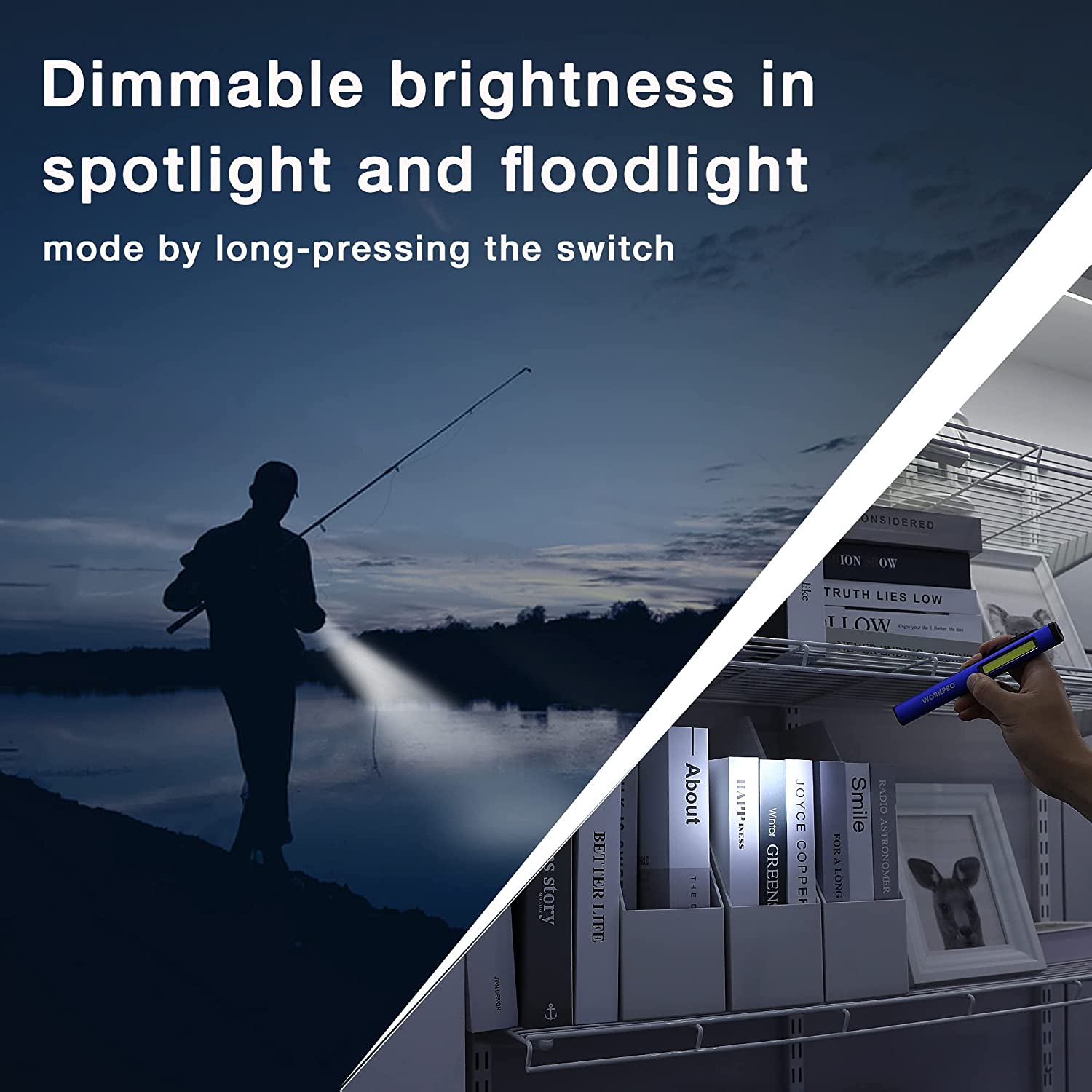 Handheld flashlight producing a strong beam in a night scene
