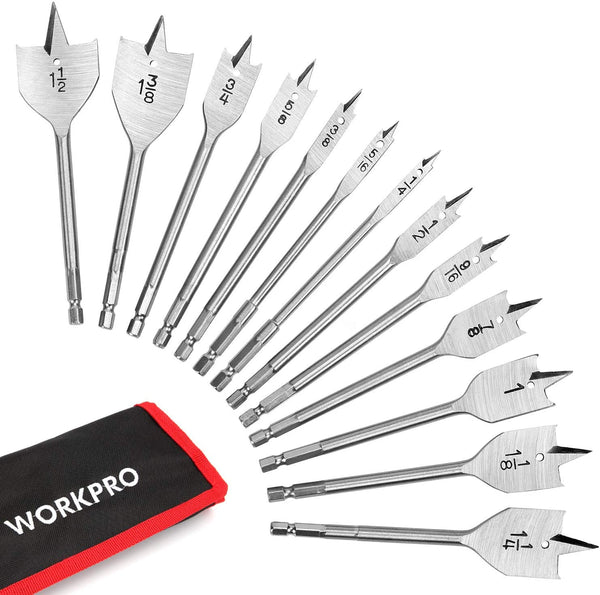 WORKPRO 13 Pcs Spade Drill Bit Set in SAE with Nylon Storage Pouch