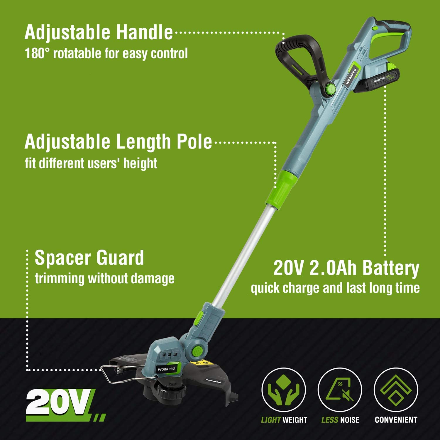 Cordless trimmer with adjustable handle, telescopic pole, and 20V battery