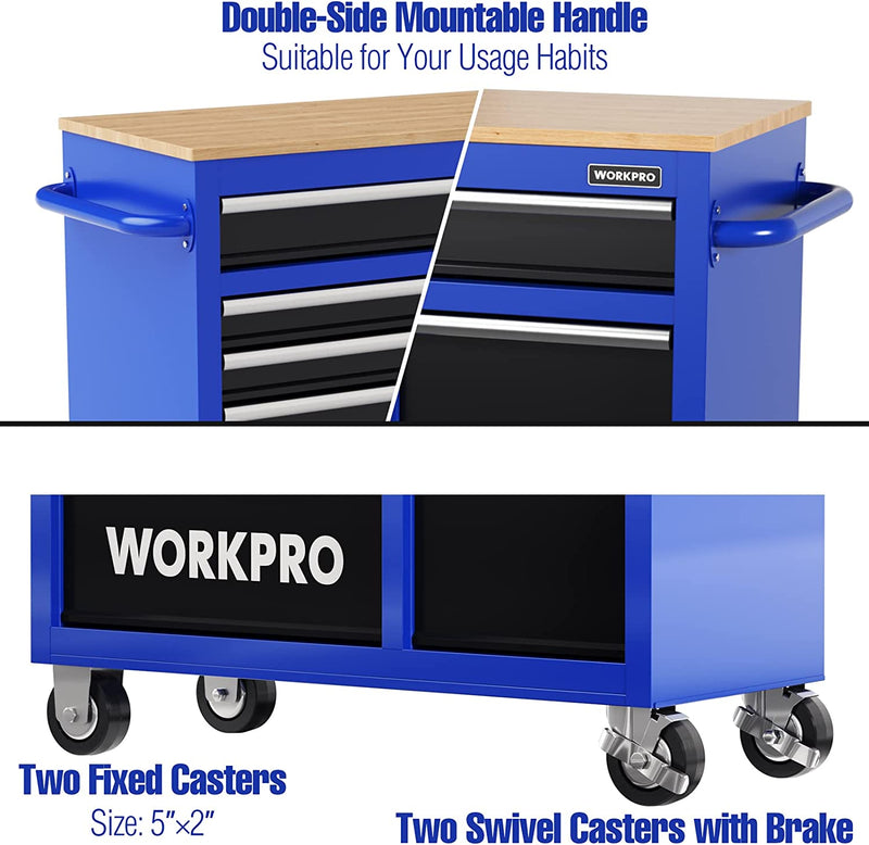 WORKPRO 42-Inch 7-Drawers Rolling Tool Chest with Wooden Top, Equipped with Casters, Handle, Drawer Liner, and Locking System, 1000 lbs Load Capacity
