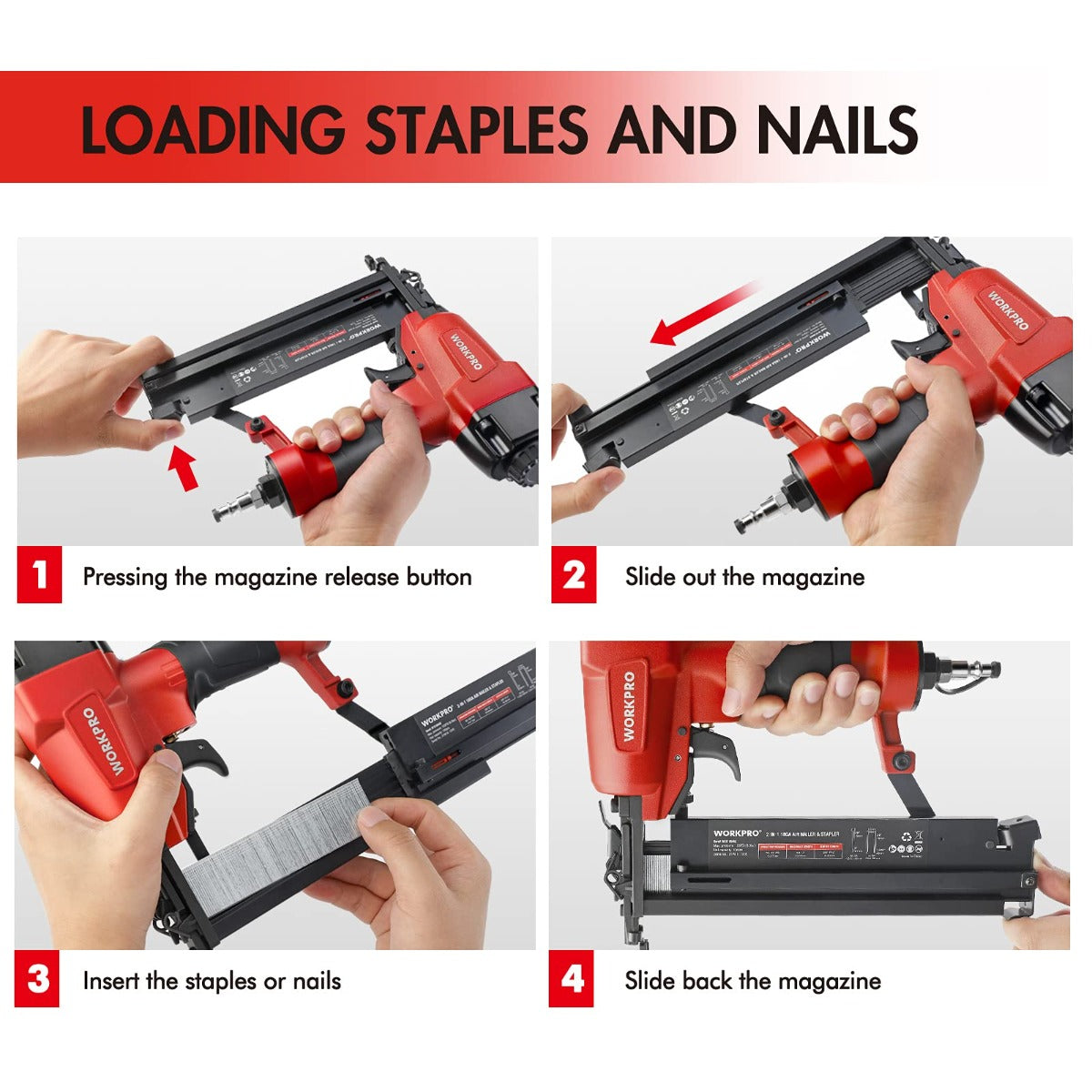 Red and black pneumatic nailer and stapler showing magazine loading of nails and staples