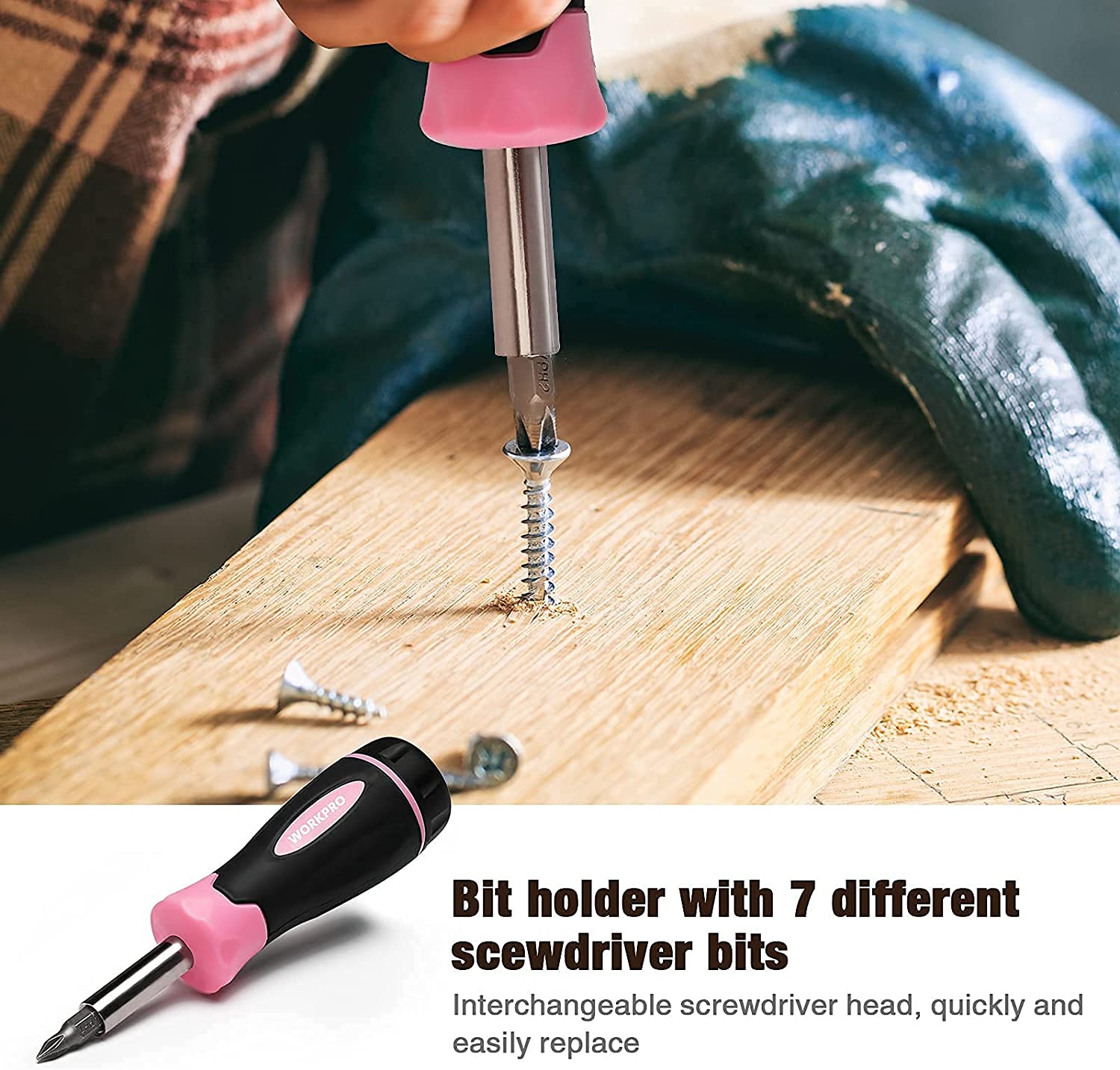Pink screwdriver bit holder and metal bit driving screw into wood plank with hands