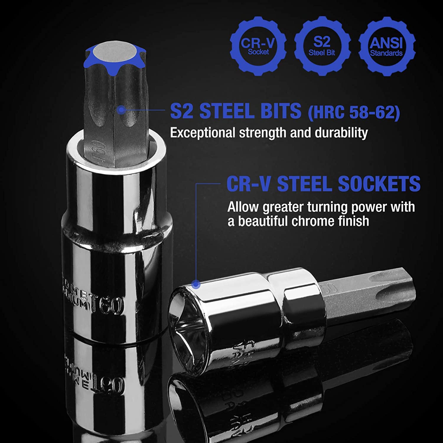 Chrome torx socket and bit end, shown with CR-V steel socket and S2 steel bit