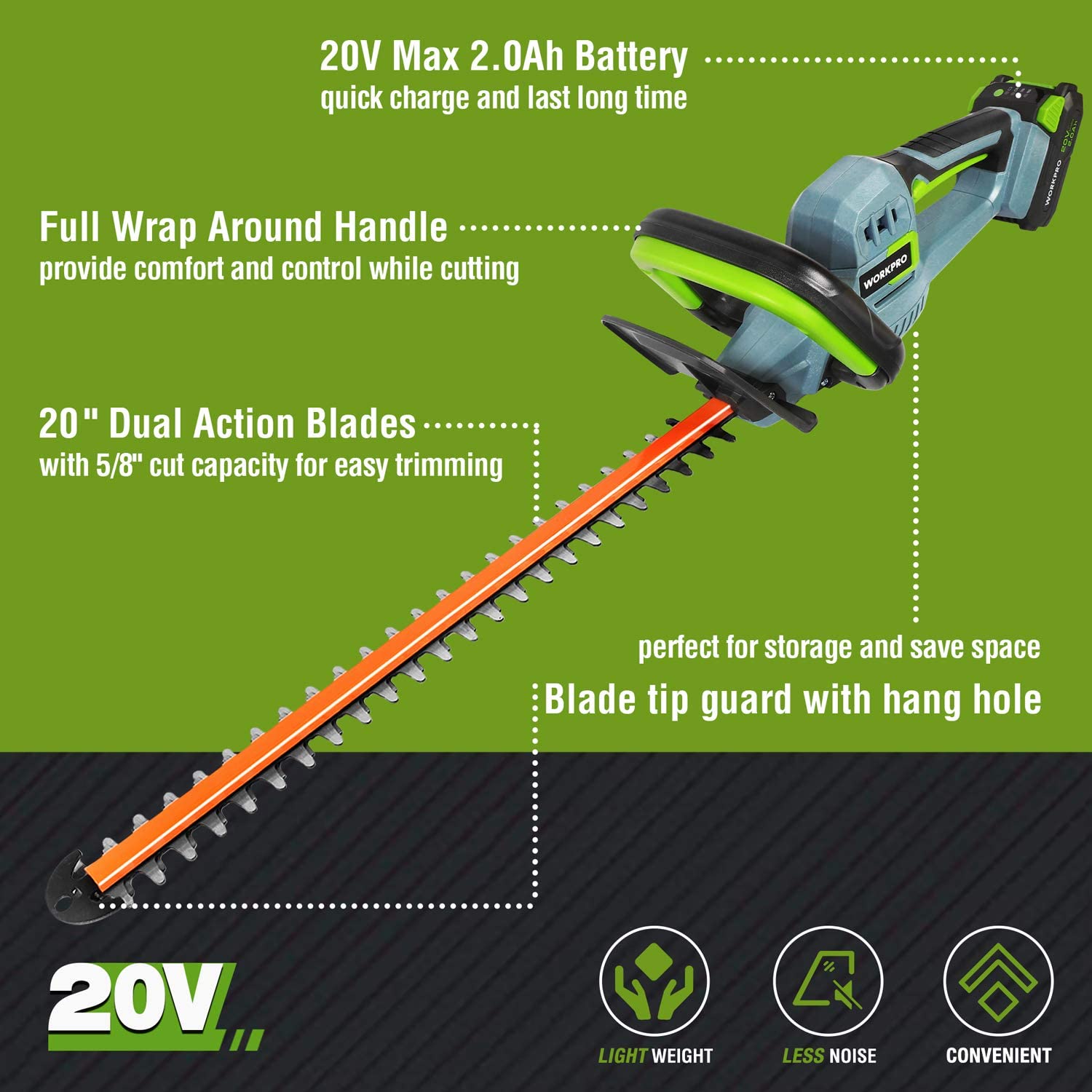 Cordless hedge trimmer with orange dual-action blades and blade-tip guard hang hole