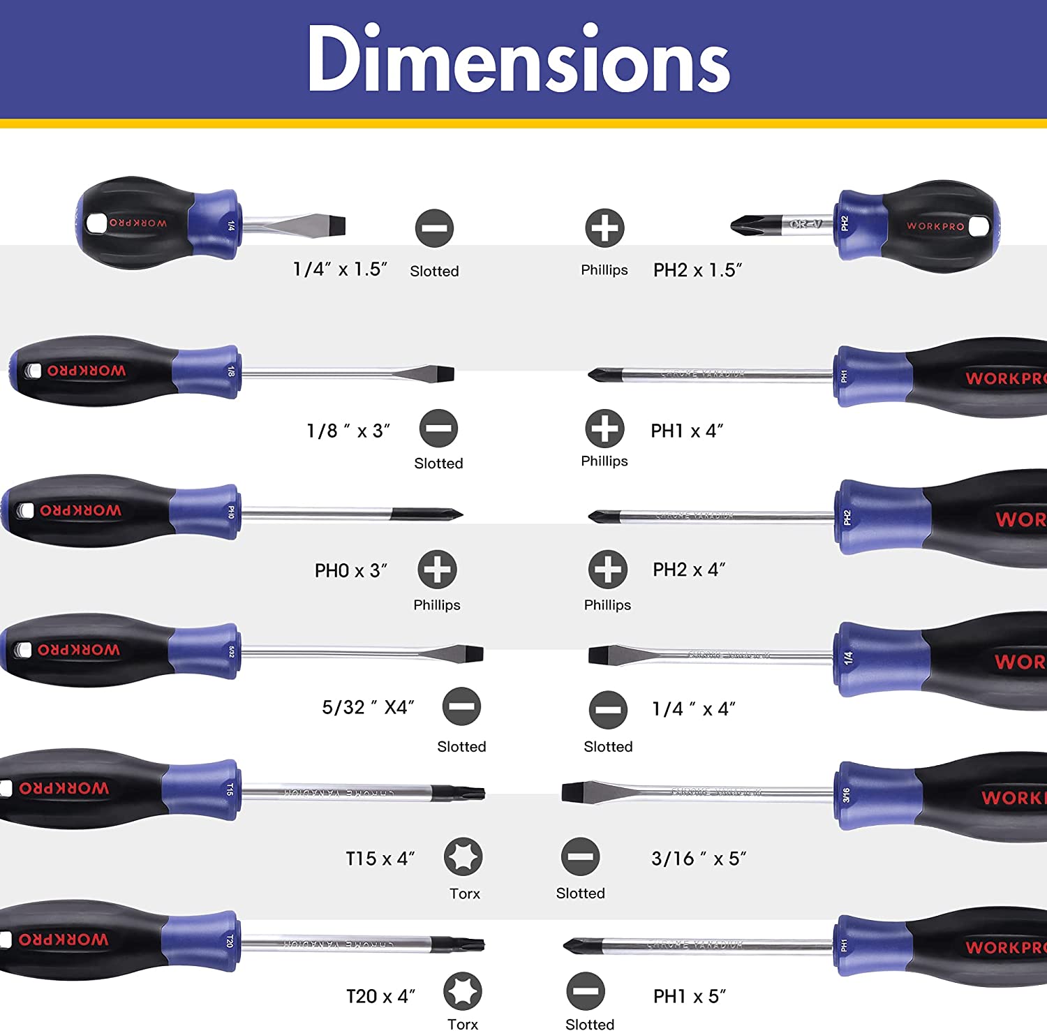 Magnetic screwdriver set size diagram showing multiple screwdriver heads and shaft lengths