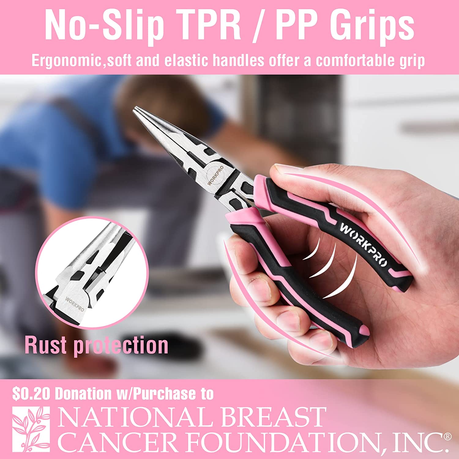 Pink-handled pliers set with rust-protecting jaws and ergonomic soft grips