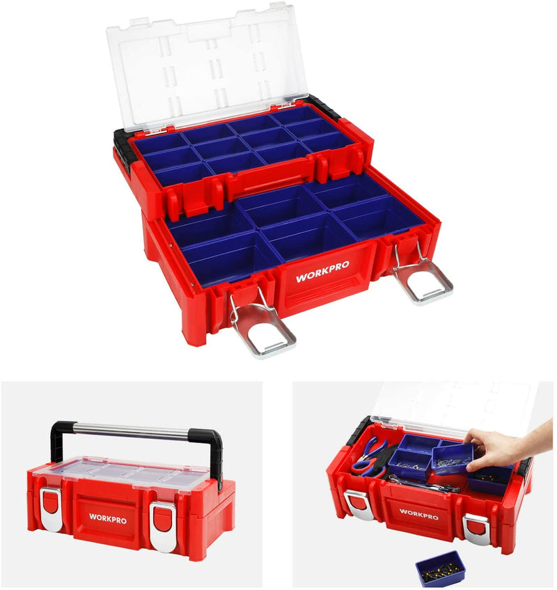 WorkPro 17-inch Plastic Tool Box. Red Storage Box with Locking Lid and Stainless