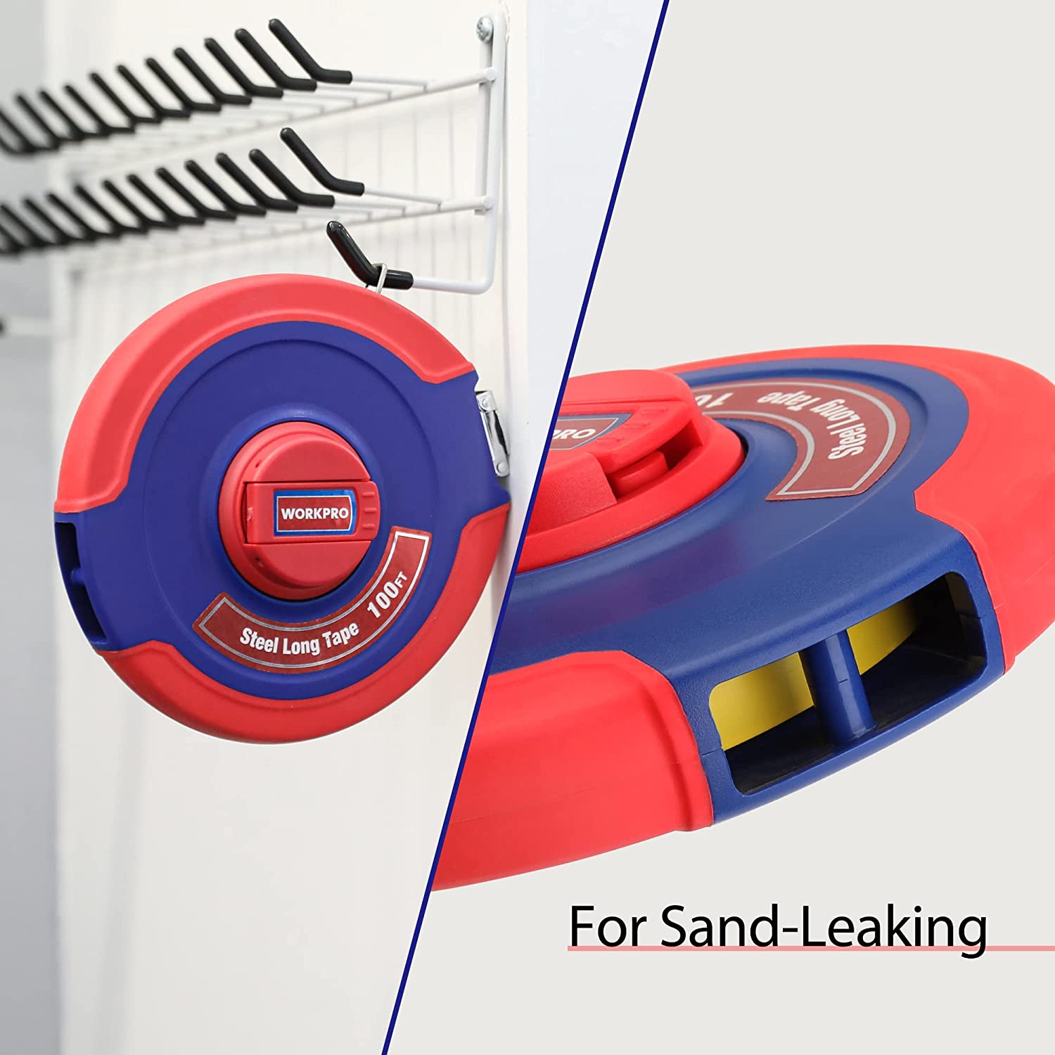 Red and blue measuring tape reel with foldable handle, yellow tape extended