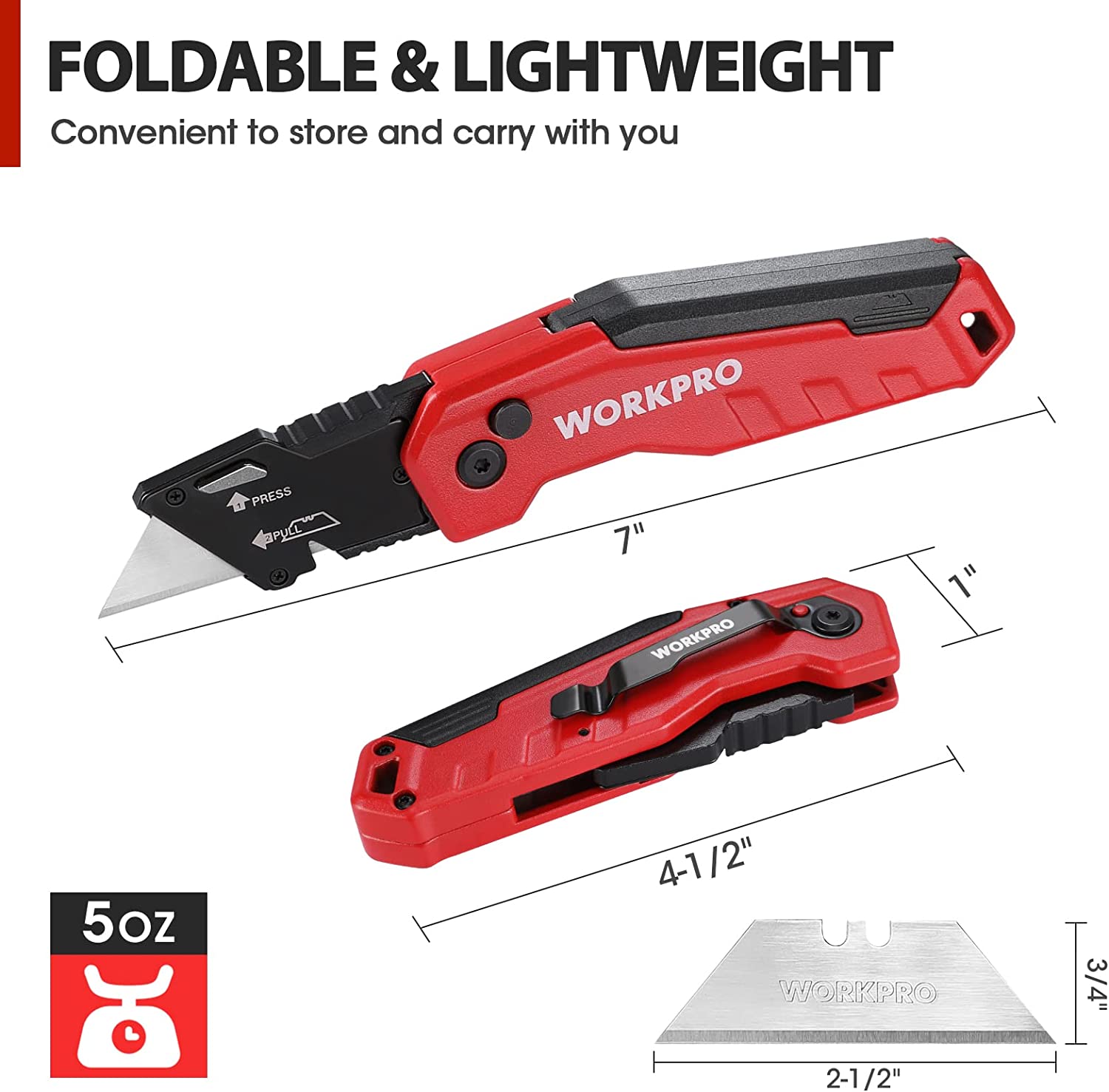 Red foldable utility knife with black blade housing and blade access panel