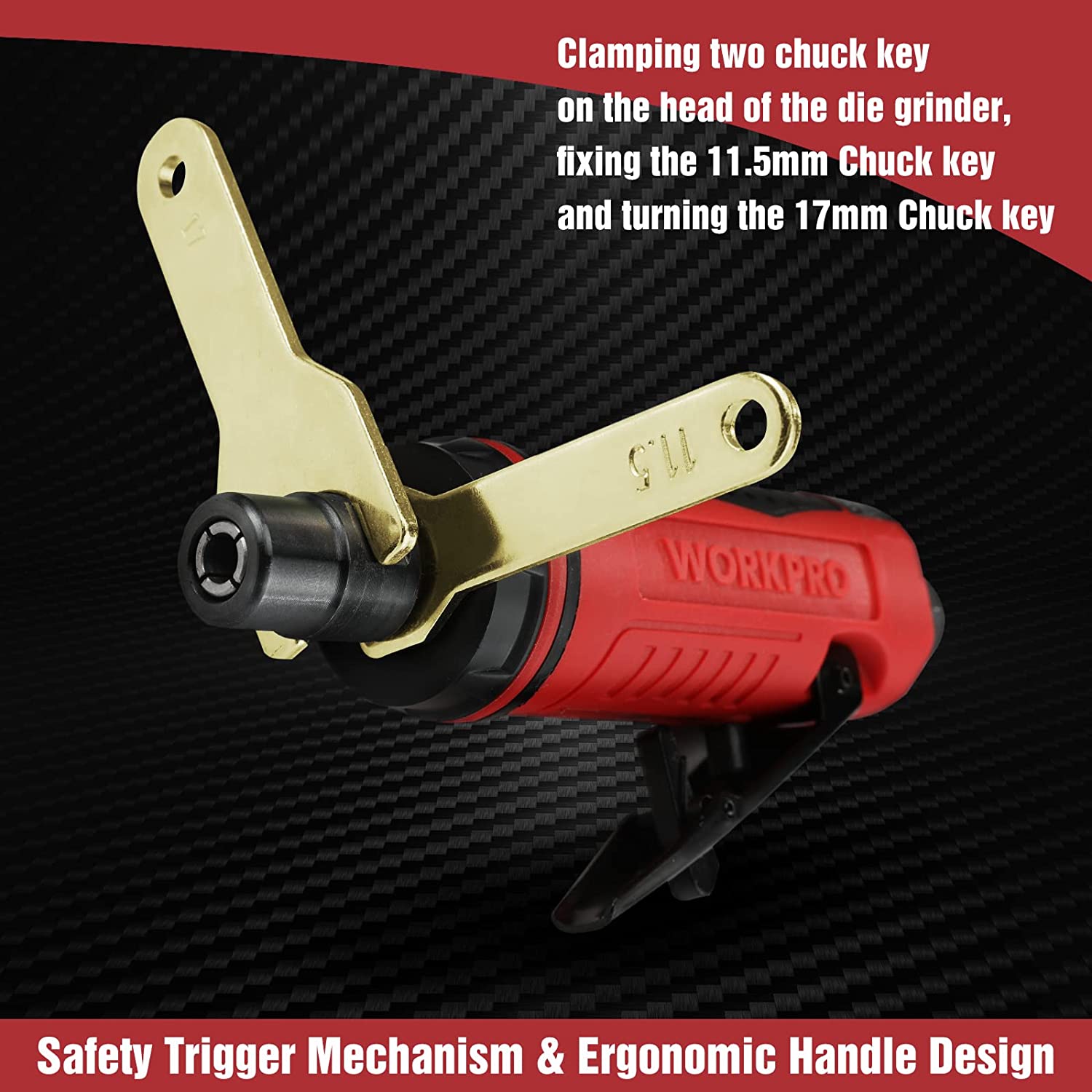 Red air die grinder with two brass chuck keys on the head and black mounting stem