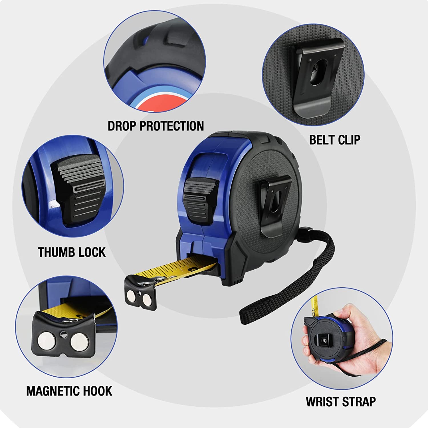 Retractable tape measure showing belt clip, thumb lock, magnetic hook, and wrist strap