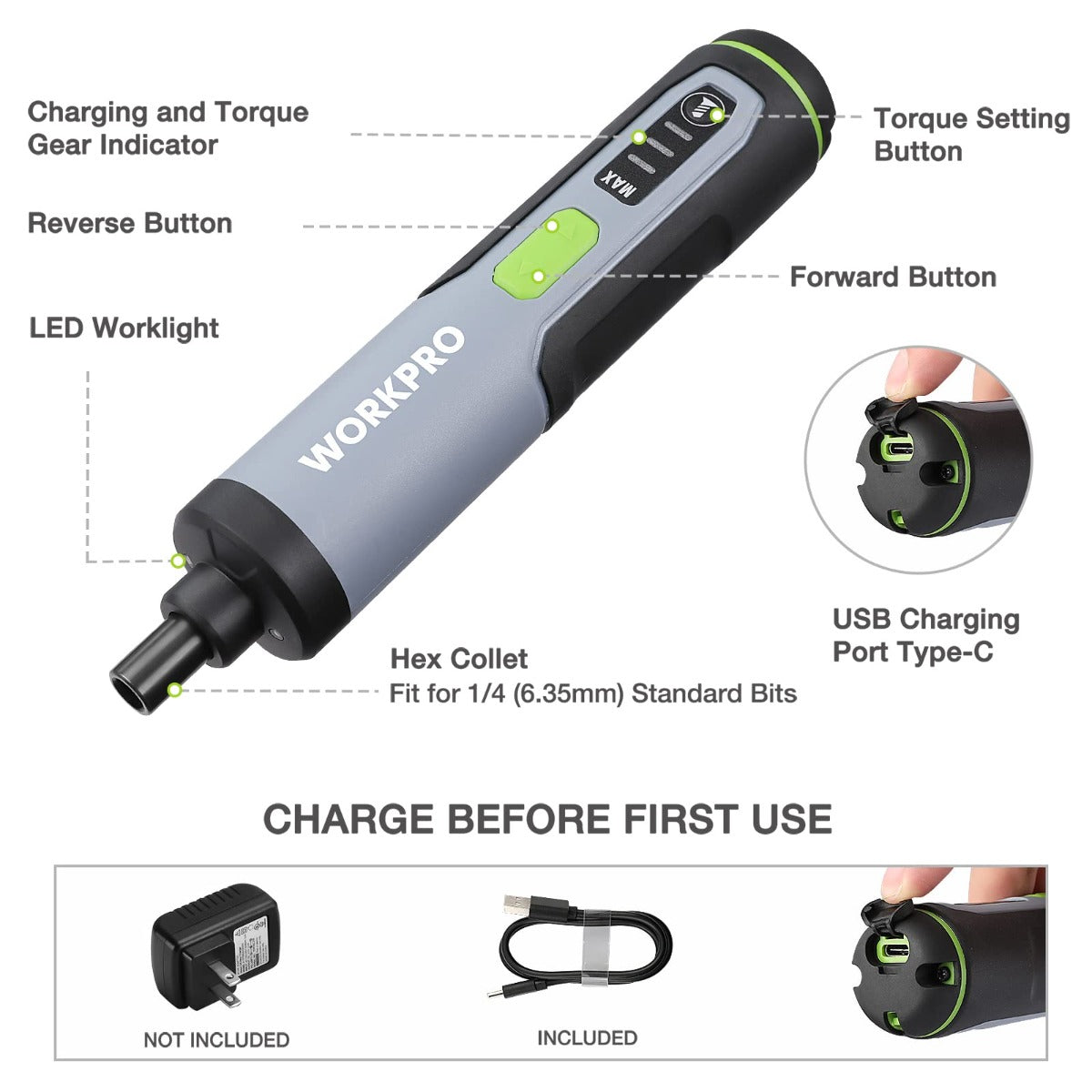 Rechargeable electric screwdriver with USB-C charging port and hex collet for 1/4 bits
