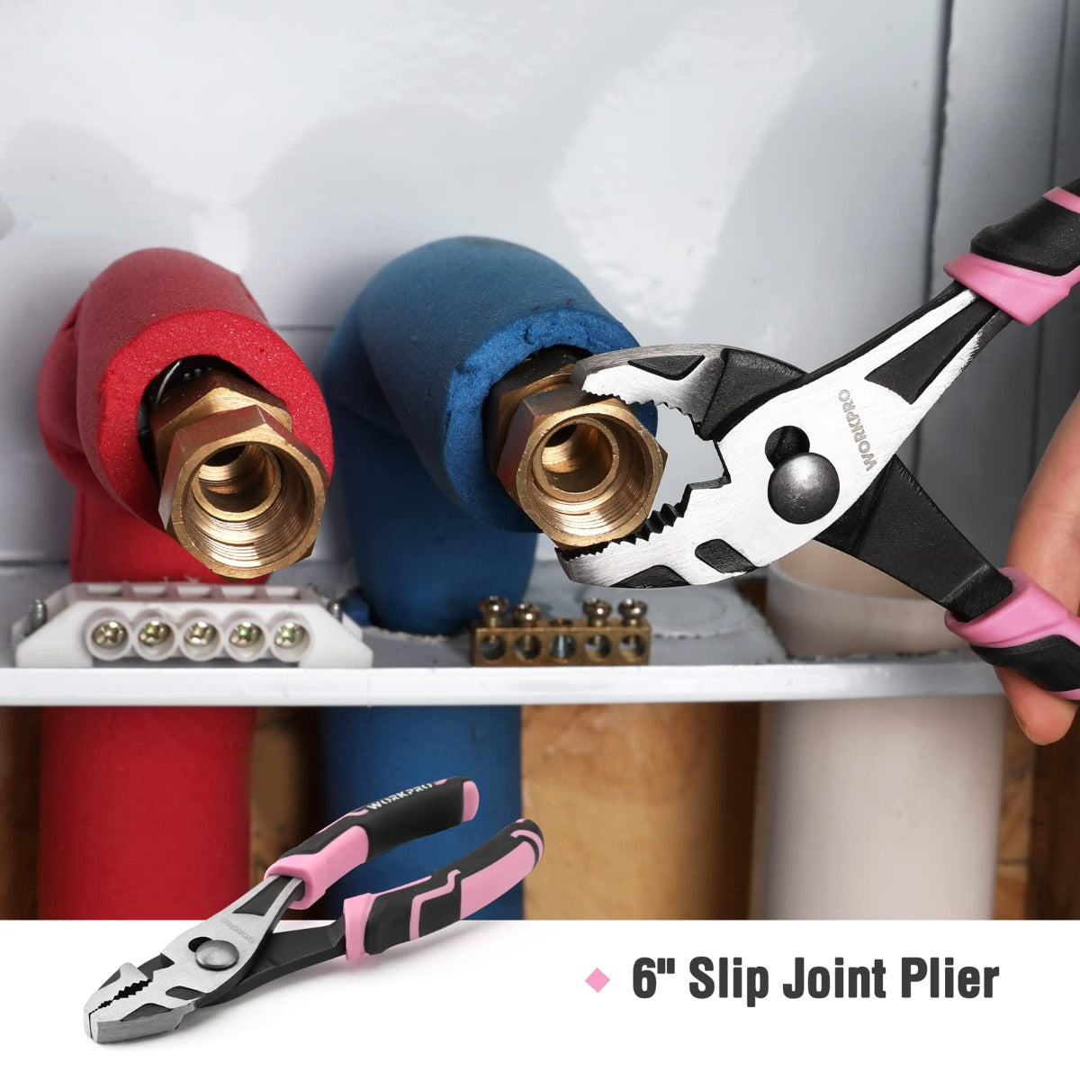 6-inch slip joint plier with black-and-pink grip, brass fitting and tools nearby