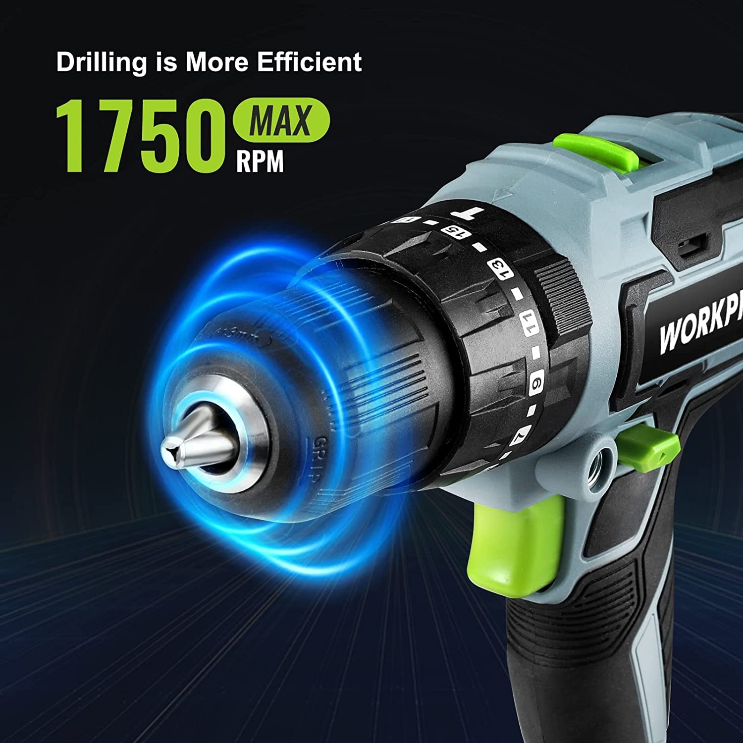 WORKPRO 20V cordless drill driver with glowing clutch ring near chuck, light gray and green grips